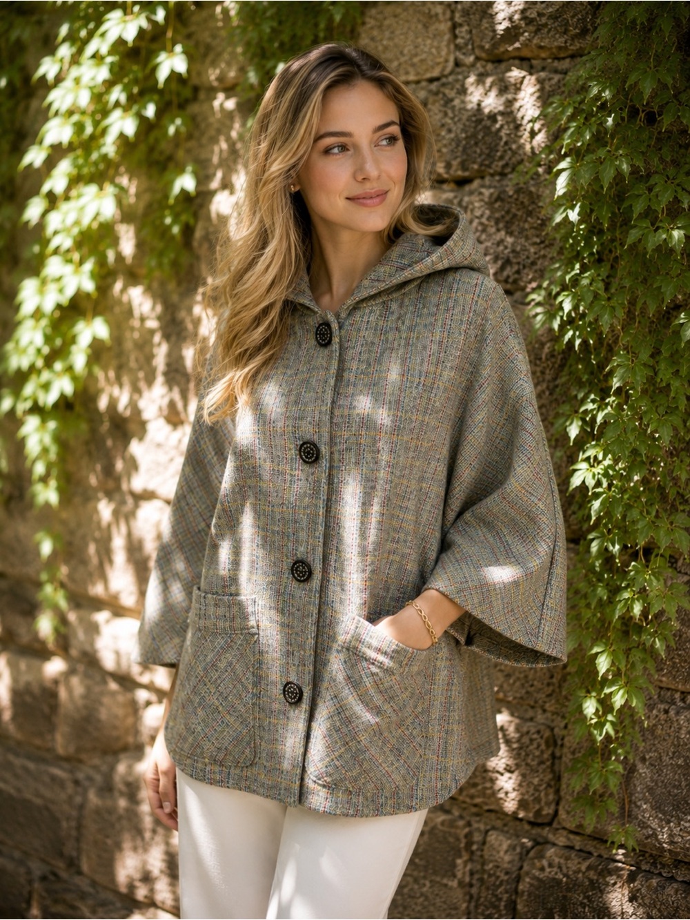 RARE PAUL & JOE FOR TARGET Green/Tan Plaid Hooded Convertible Cape/Poncho, M/L